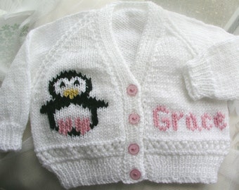 Personalized Gift ANY NAME Color & Size Hand Knitted Baby Girl Boy Penguin Cardigan Jumper Sweater