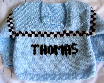 Personalised Gift Any NAME Hand Knitted Baby Boy Sweater Car Personalised Cardigan Customized Jumper