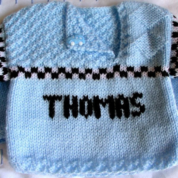 Personalised Gift Any NAME Hand Knitted Baby Boy Sweater Car Personalised Cardigan Customized Jumper