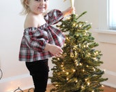 Christmas plaid off the shoulder top for baby girl - Christmas top for baby girl toddler - Holiday outfit for baby