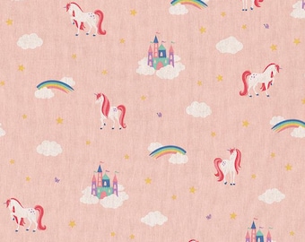 Cotton fabric with unicorn pink rainbow with castle princess castle