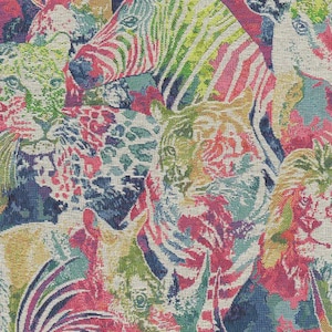 Jacquard tapestry depicting wild animals with neon