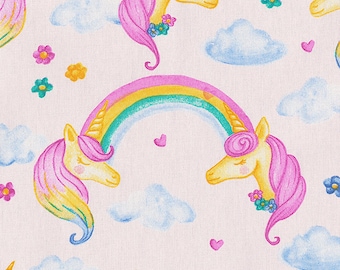 Cotton fabric with unicorn pink rainbow