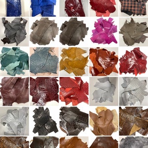 May include: Assortment of leather scraps in various colors and textures, including smooth, embossed, and patterned. The scraps are arranged in a grid pattern.