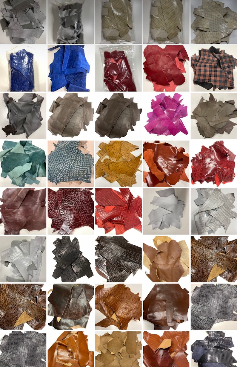 May include: Assortment of leather scraps in various colors and textures, including smooth, embossed, and patterned. The scraps are arranged in a grid pattern.