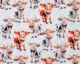 French Terry Fabric – Funny Cartoon Cows | Oeko-Tex | Cotton Sweatshirt Fabric | Children's Fabric