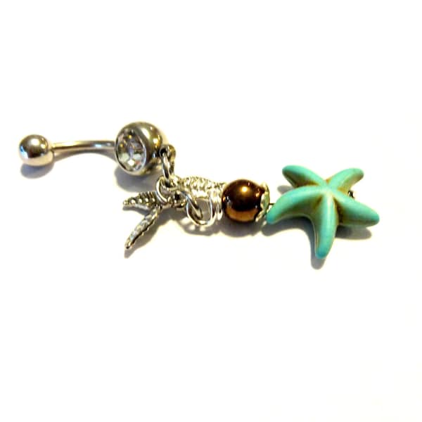 Starfish Dangle Belly Button Ring, Turquoise Blue Body Jewelry, Sexy Body Candy, Nautical 14G Navel Ring, Nautical Summer Jewelry