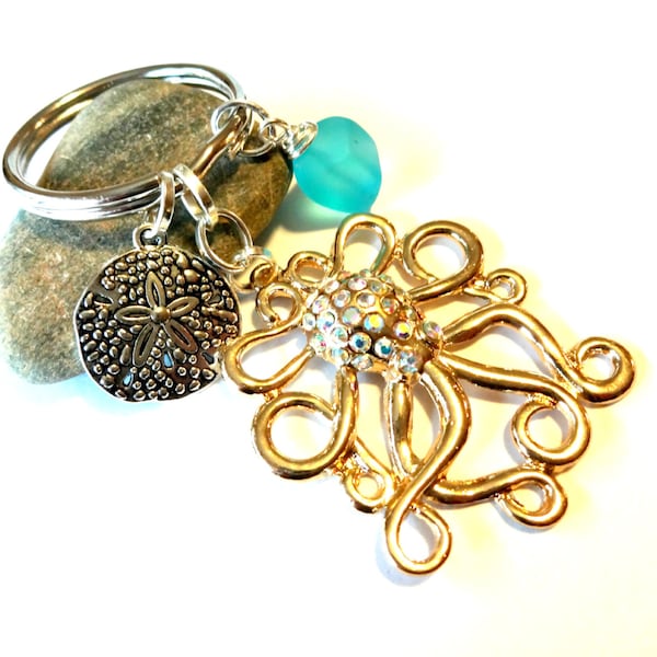 Octopus Keychain, Nautical Key Chain, Beach Keychain, Sand Dollar Charm Keychain, Aqua Blue Sea Glass Key Chain, Nautical Gifts, Key Fob