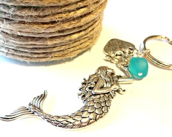 Mermaid Keychain, Aqua Sea Glass, Beach Charm Keyring