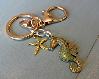 Nautical Seahorse Keychain, Nautical Gift, Starfish Keychain, Beach Keychain, Gold Tone Keychain, Unisex Gift, Gift Under 20, Ready to Ship