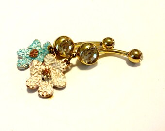 Dainty Flower Belly Button Ring, Blue Body Jewelry, Barbell Navel Ring, Gold Tone Navel Ring, Body Jewelry, Pink Jewelry, Navel Piercing