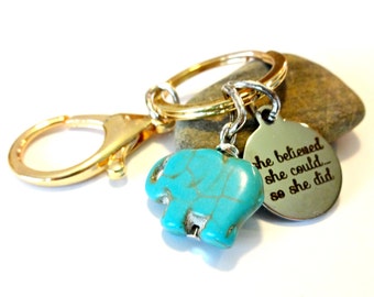 Elephant Keychain, Graduation Gift, She Believed She Could, Elephant Gift, Charm Keychain, Turquoise Keychain, Good Luck Key, Lucky Charm