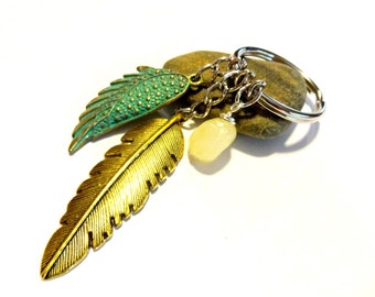 Angel Wings Keychain, Cool Keychains, Patina Bronze Wing Pendant, Golden Feather Key Chain, Jade Beaded Gemstone Keychain, Car Accessory