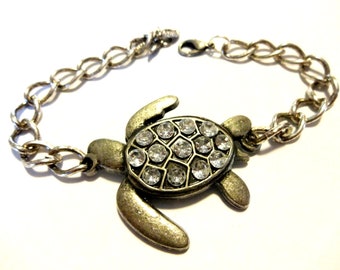 Antique Silver Turtle Bracelet with Rhinestones