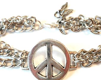 Silver Tone Peace Sign Bracelet, Multi Chain Unisex Jewelry