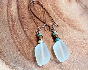 Cultered Sea Glass Earrings, Cool Boho Earrings with Heishi Seed Beads, Summer Jewelry, Lightweight Copper Earring