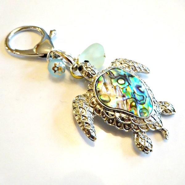 Turtle Purse Charm, Sea Turtle Pendant, Abalone Shell Turtle, Backpack Charm, Summer Jewelry, Handbag Accessories, Sea Glass