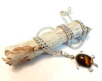 Brown Obsidian Sea Turtle Pendant, Silver Chain Necklace