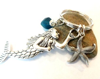 Mermaid Keychain, Starfish Charm, Teal Sea Glass, Beach Car Accessory