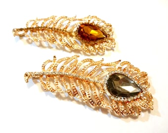 Large Rhinestone Feather Pendant – Bronze Alloy Jewelry Supplies
