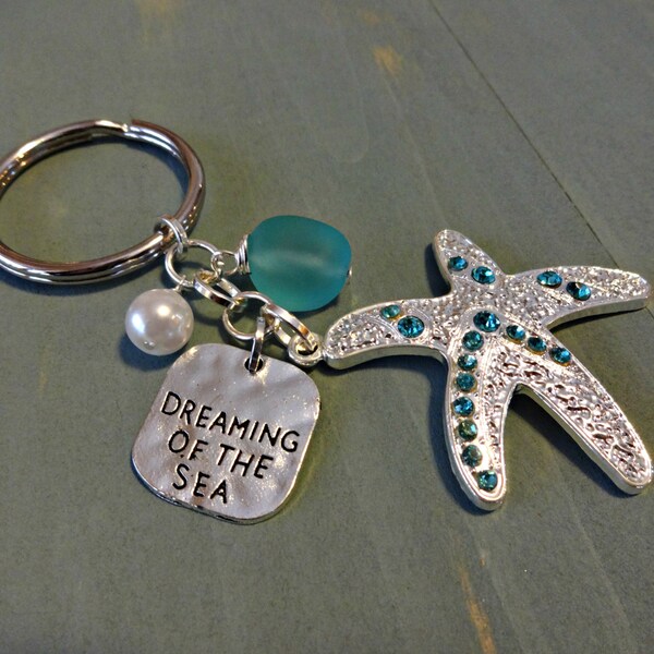 Starfish Keychain, Starfish Gifts, Turquoise Sea Glass Beach Keychain, Dreaming of the Sea Charm Keychain, Car Accessory, Beach Gifts