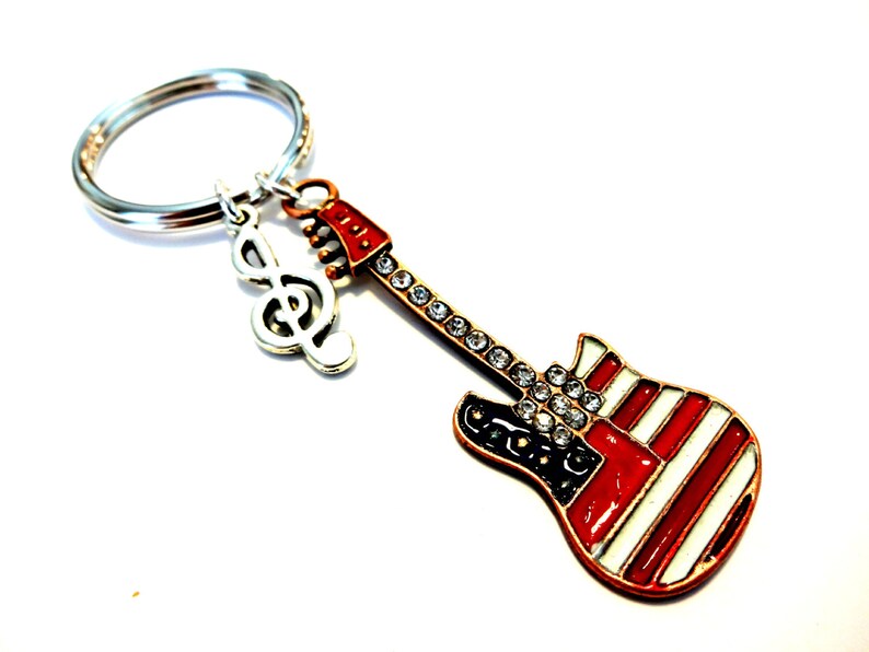 Guitar Keychain Patriotic Key Chain Red White and Blue Etsy