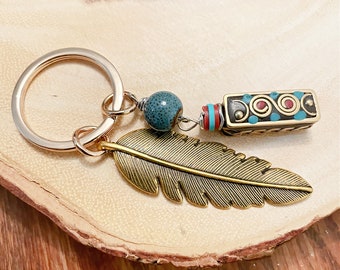 Cool Brass Feather Keychain, Gift for Men, Christmas Stocking Stuffer Gifts, African Key Chain