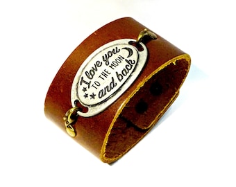 I Love You To The Moon and Back Brown Leather Cuff Bracelet