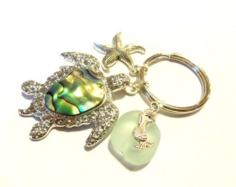 Sea Turtle Keychain, Mermaid Keychain, Starfish Keychain, Shell Key Chain, Beach Key Ring, Sea Foam Green Sea Glass, Turtle Purse Charm