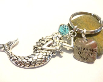 Mermaid Keychain, Dreaming of the Sea Charm, Aqua Bead
