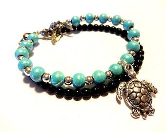 Turquoise Beaded Sea Turtle Charm Bracelet, Ocean Jewelry