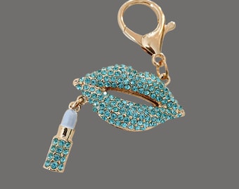 Aqua Blue Rhinestone Pave Lips Purse Charm, Lips Jewelry, Gift for Her