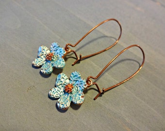 Blue Flower Earring, Copper Boho Earring, Flower Dangle Earring, Bohemian Earring, Red Copper Jewelry, Blue Flower Earring, Flower Girl Gift