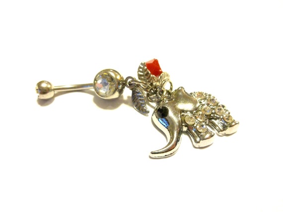 Silver Elephant Belly Ring, Swarovski Crystal, Good Luck Jewelry