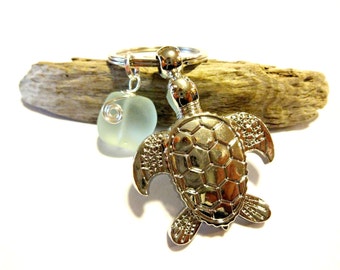 Sea Turtle Keychain, Wire Wrapped Seafoam Beach Glass, Silver Key Ring