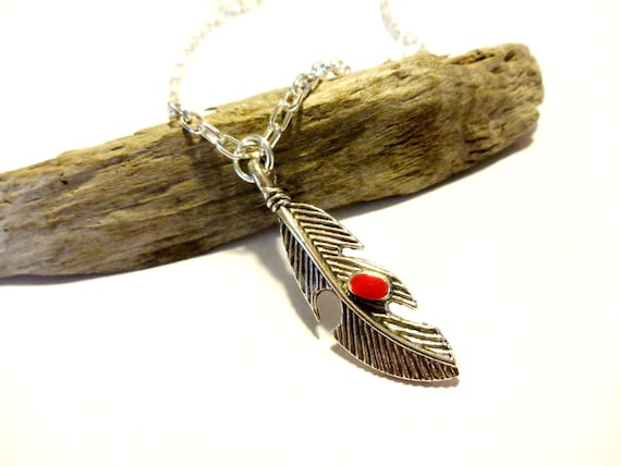Silver Feather Necklace, Southwestern Style with Coral Stone
