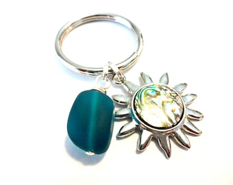 Celestial Keychain, Seaglass, Abalone Shell Pendant