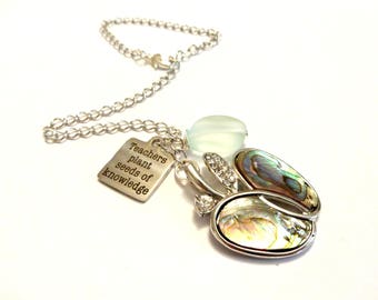 Teacher Gift, Car Necklaces, Abalone Shell Necklace, Teachers Plant the Seeds of Knowledge Mirror Charm, Rear View Mirror Charm, Quote Charm