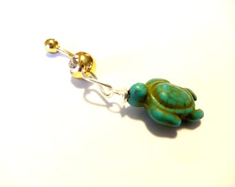 Turquoise Turtle Belly Button Ring, Rhinestone Gold Tone, 14G Surgical Steel