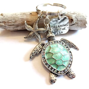 Sea Turtle Keychain, Turtle Jewelry, Dreaming of Sea Stamped Message Charm Keychain, Starfish Keychain, Sea Foam Green Ocean Car Accessory