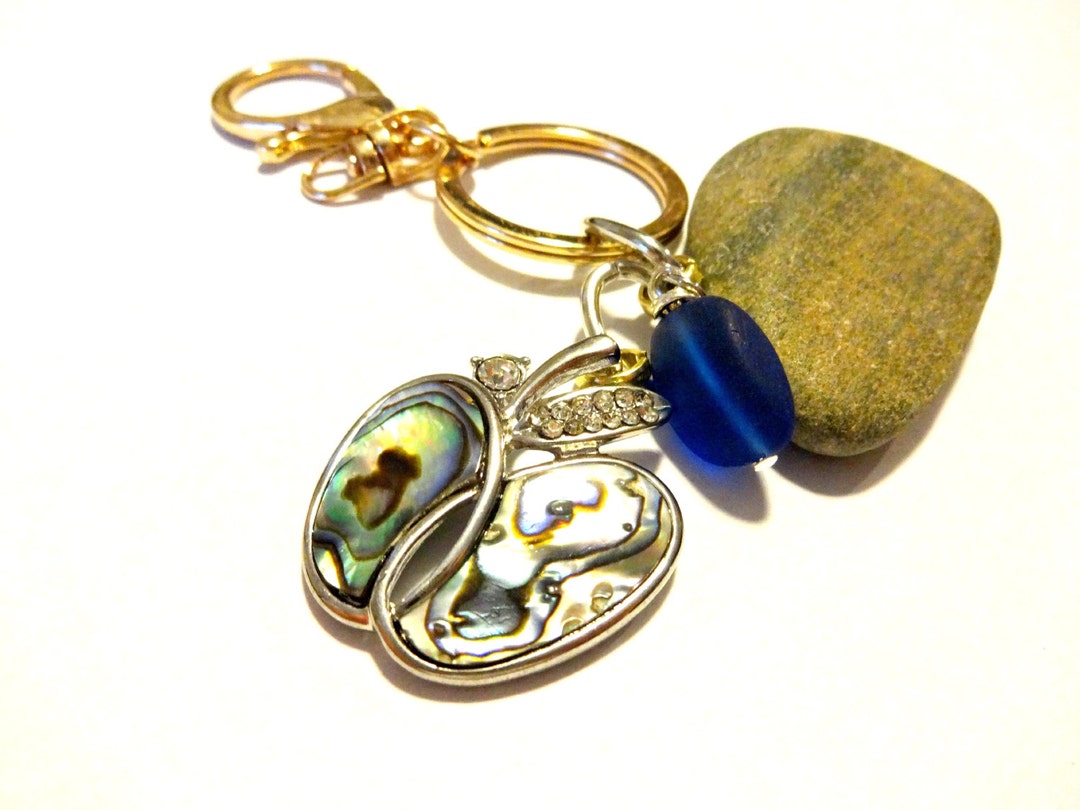 Abalone Shell Keychain, Cobalt Blue Sea Glass Keychain, Gold Tone Key ...
