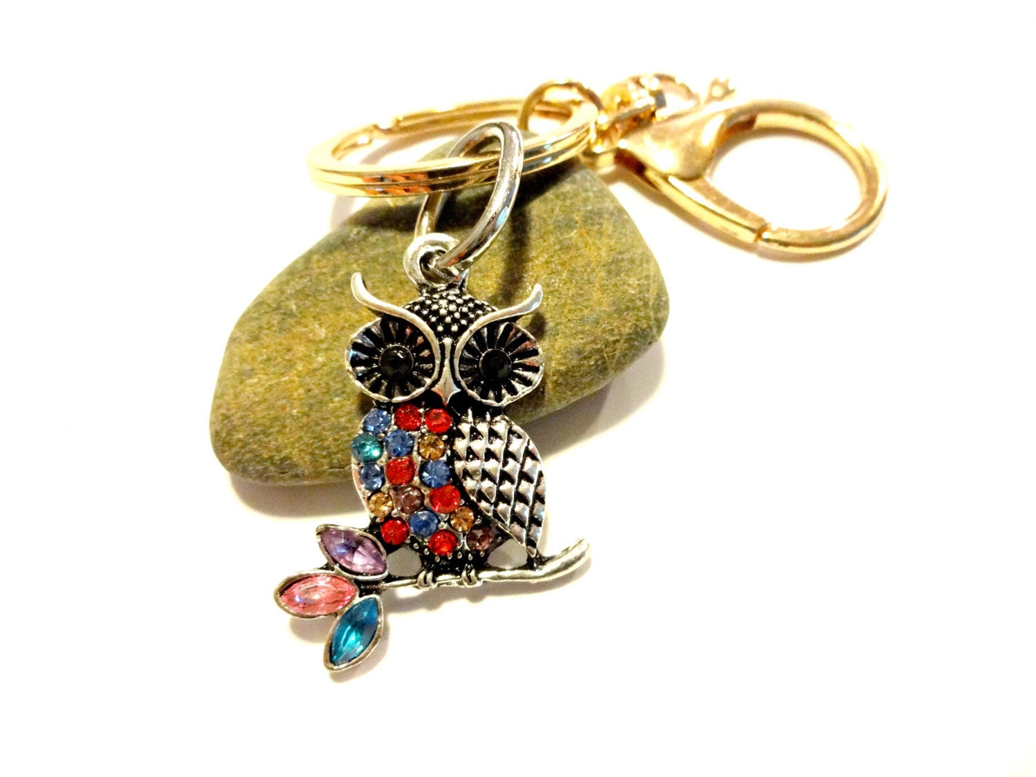 Rhinestone Owl Keychain, Colorful Beaded Gold Key Ring