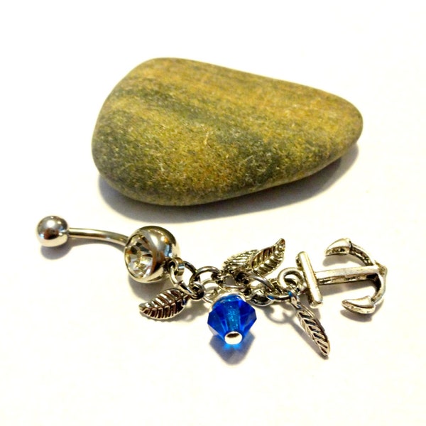 Nautical Belly Button Ring, Anchor Body Jewelry, Caribbean Dream Body Candy, Anchor Charm Dangle Belly Ring, Pacific Blue Crystal Belly Ring