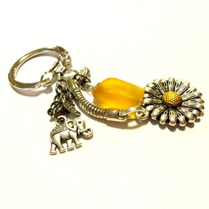 Good Luck Elephant Keychain, Elephant Accessory, Sea Glass Key Chain, Pretty Sunflower Charm Keychain,  Elephant Gift, Baby Sitter Gifts