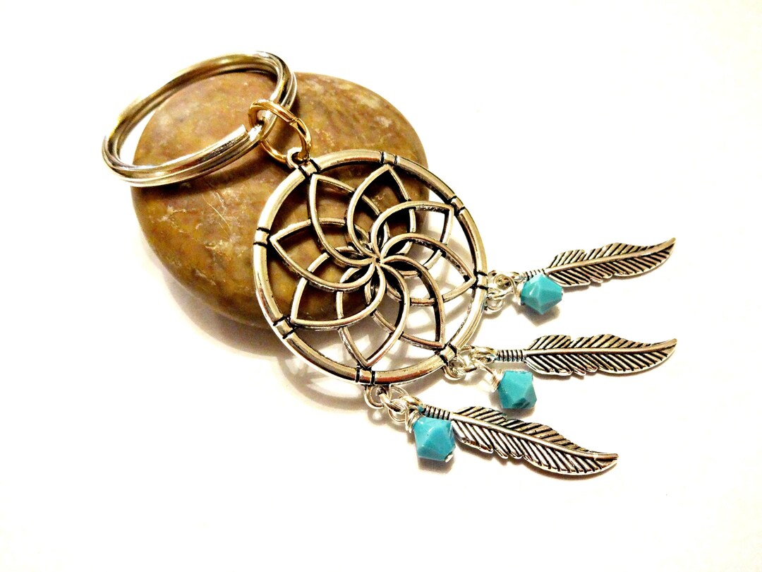 Dream Catcher Keychain With Turquoise Swarovski Crystal Beads Etsy