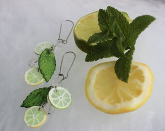 Cocktail Mojito earrings : Lemon, Lime, Mint, Ice cube.