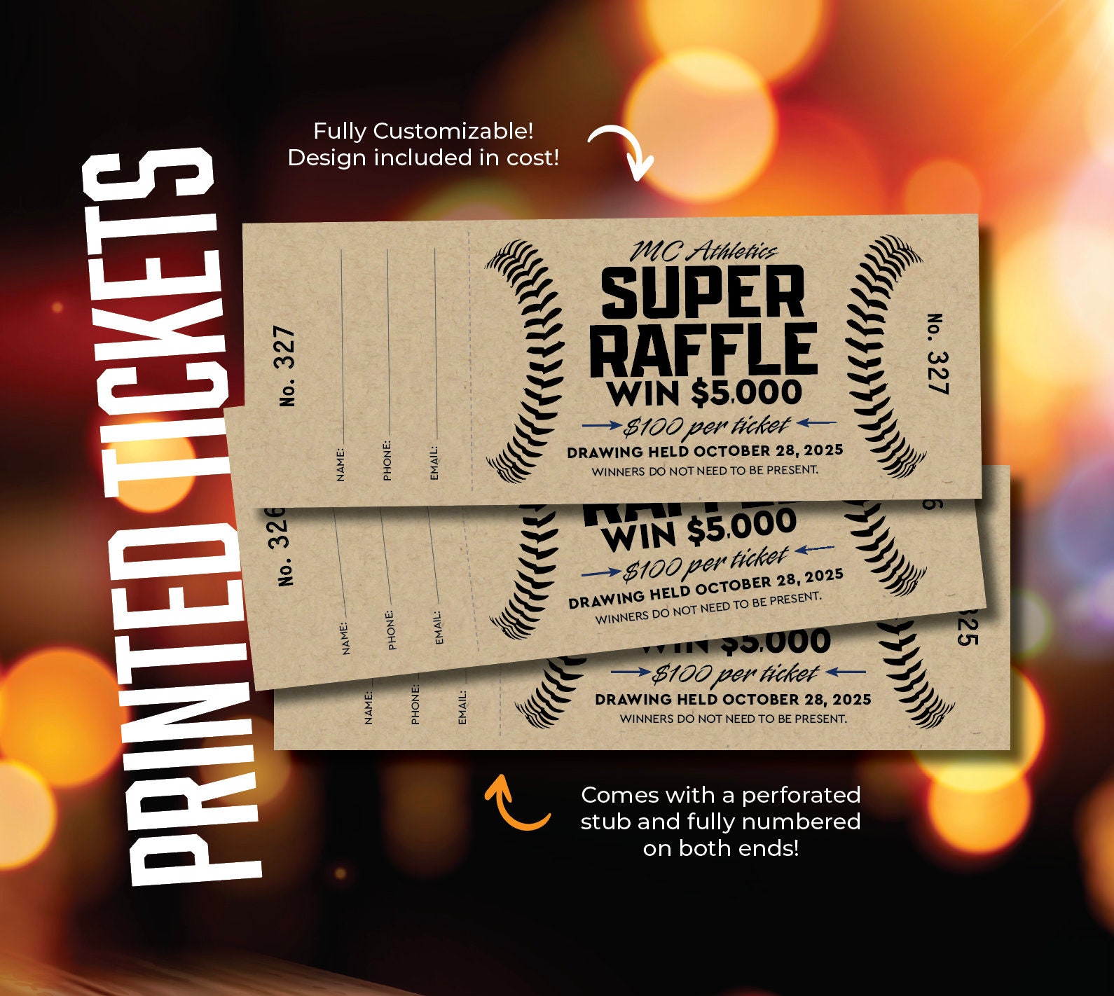 Custom Raffle Tickets, Full Design Included, Gala Ticket Printing ...