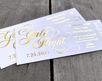 Galabiljetter i guldfolie, Quinceanera, Utskrift av entrébiljetter till balen, Festbiljetter, Specialanpassad entré med folie