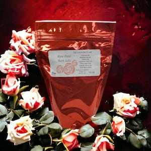 Rose Flower Therapeutic Bath Salts 14 oz with dried rose petals and rose fragrance oil UpamperU