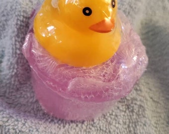 Rubber Ducky soaps in loufa nest. Coconut oil soap kids soap UpamperU